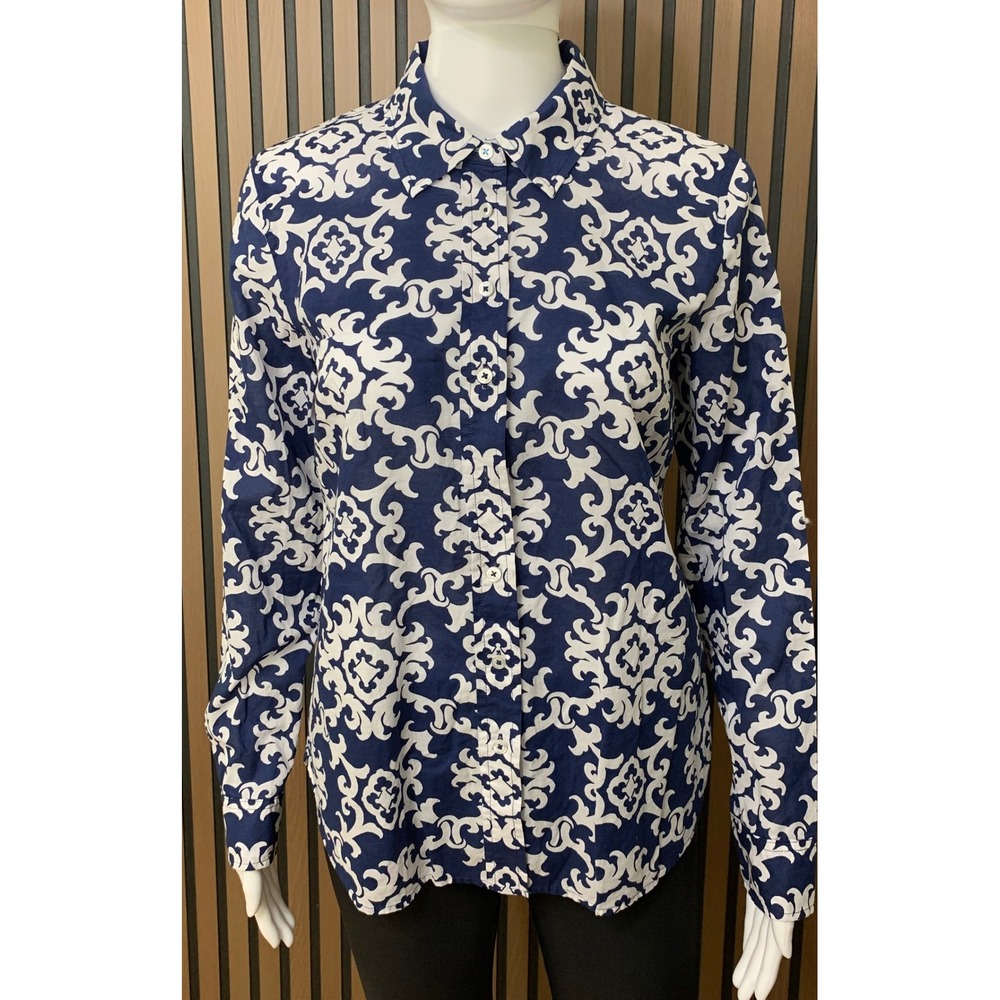 Talbots Women's XS Navy White Scroll Print Cotton Button Down Shirt Classic